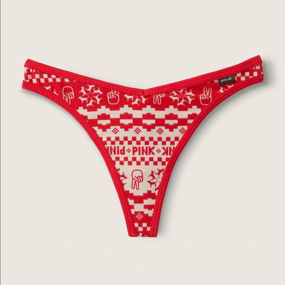 PINK Victoria's Secret Red and Cream Fair Isle Thong Panty